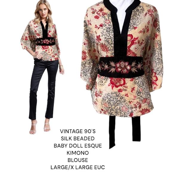 vintage 90's silk beaded baby doll kimono blouse large/x‎ large - Picture 1 of 7